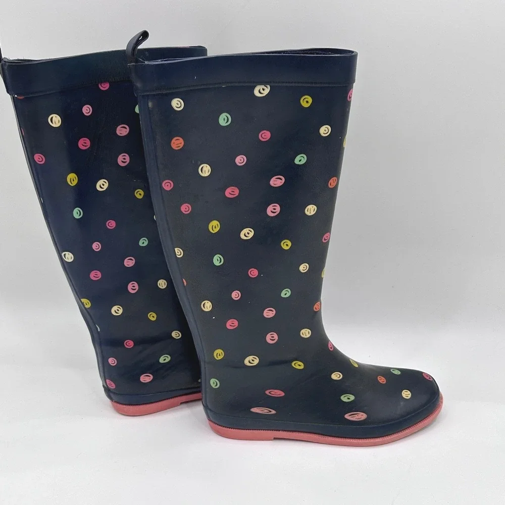 Navy Blue Smiley Face Polka Dot Rubber Rain Boots Pink Sole Kids Size 3